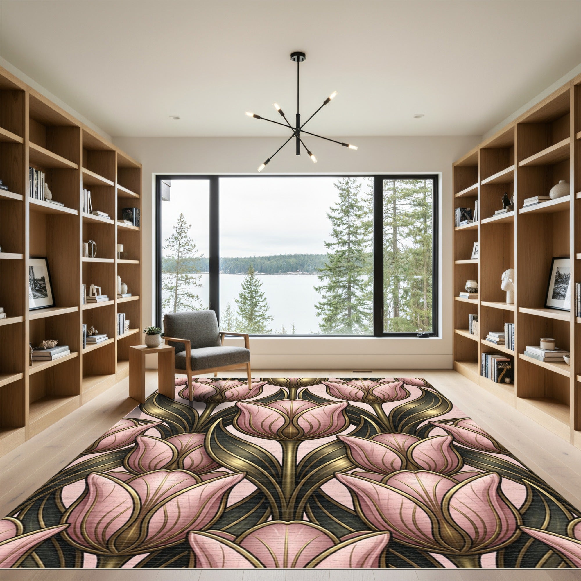 Art Nouveau Blush Tulip Gold Foliage Rug