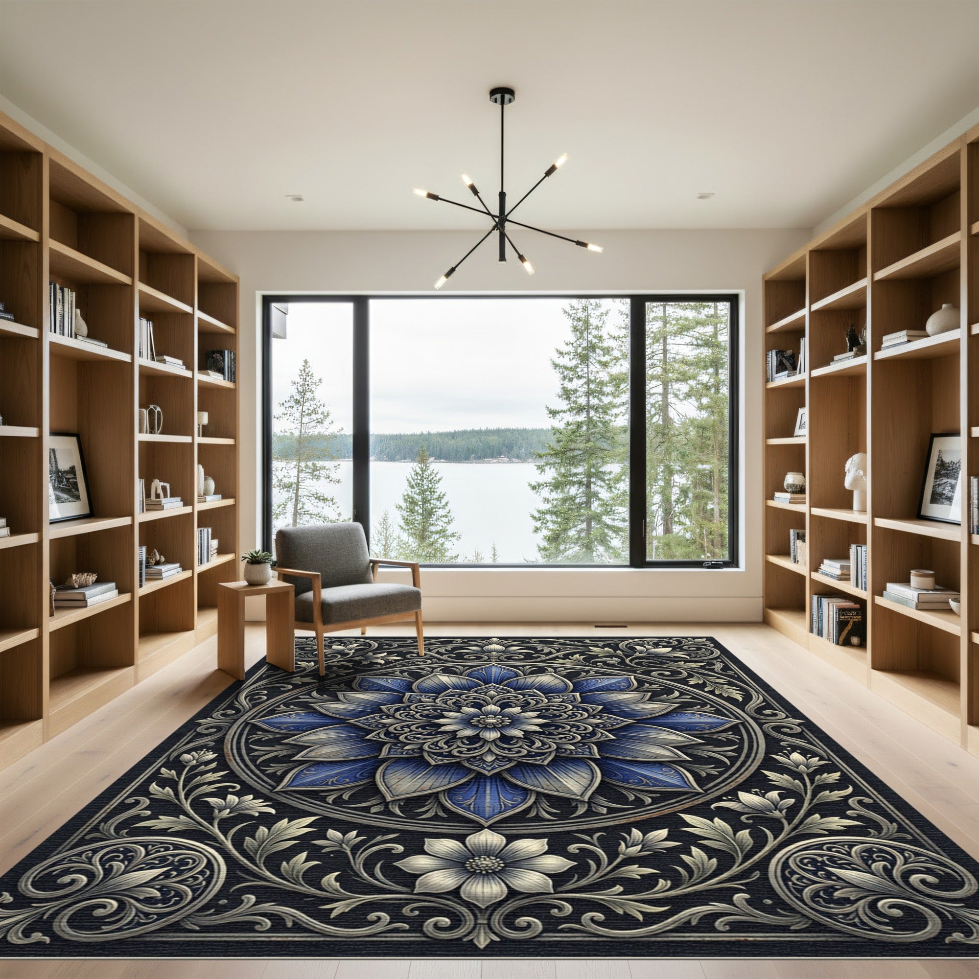 Elegant Navy Floral Mandala Medallion Rug