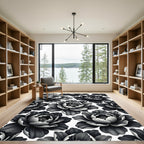 Dark Monochrome Floral Petal Repeat Rug