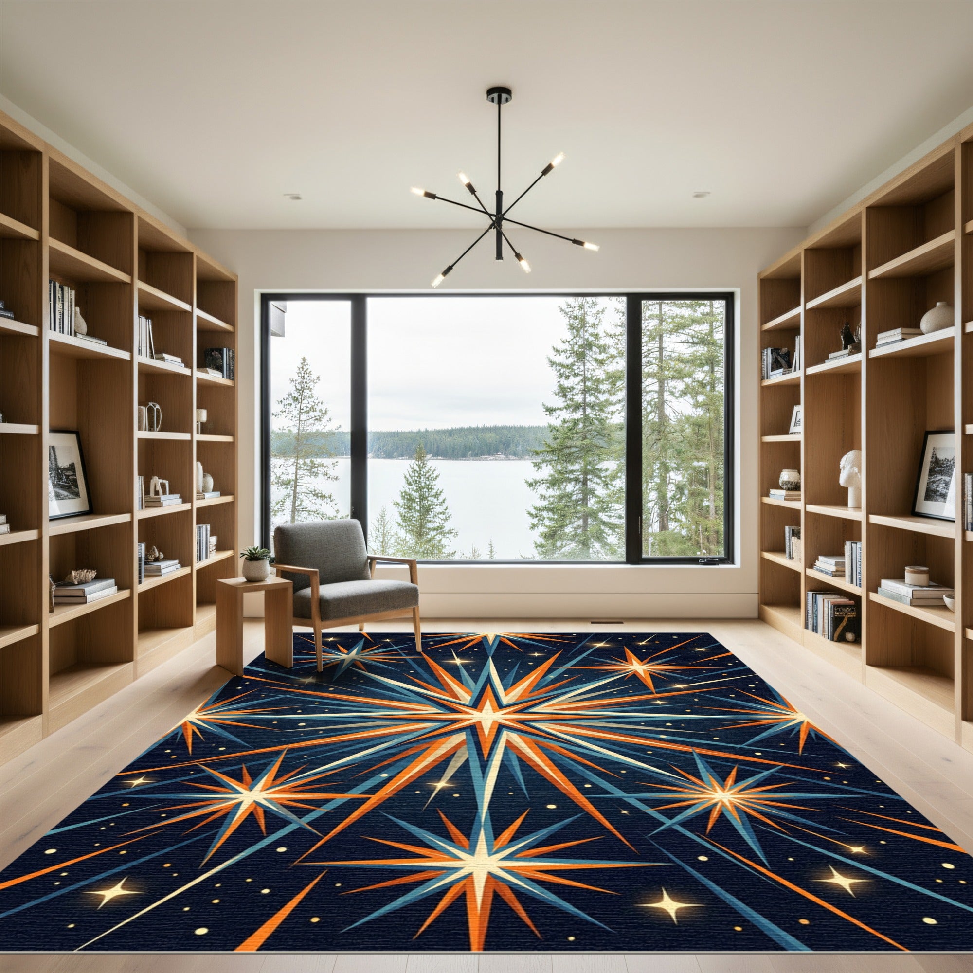 Celestial Starburst Navy and Tangerine Art Rug