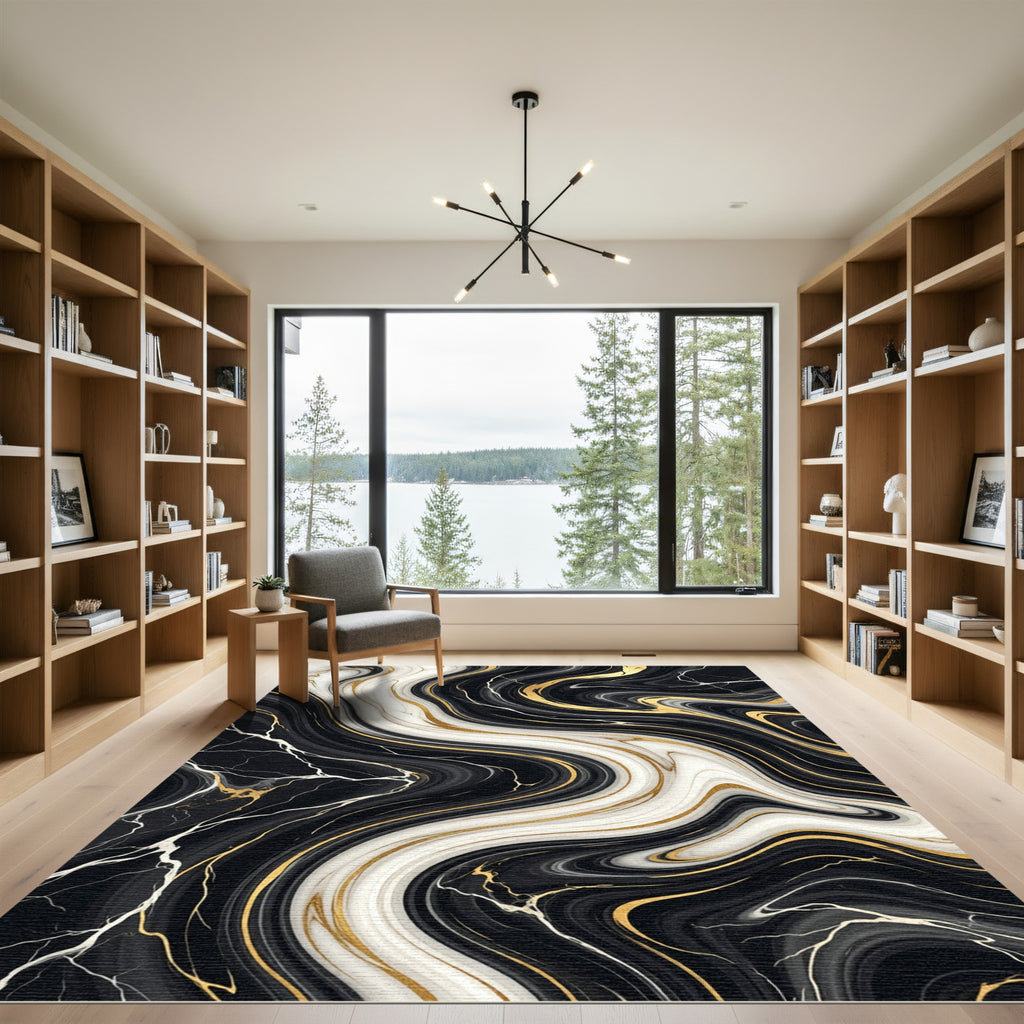 Black and White Marble Gold Swirl Rug