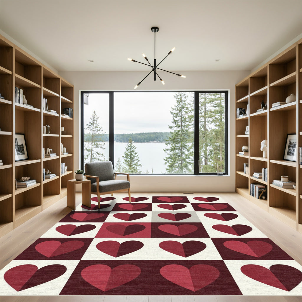 Cherry Red Heart Geometric Grid Rug