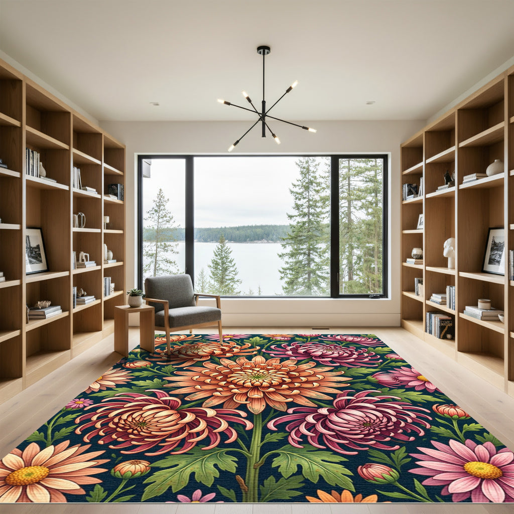 Vibrant Autumnal Chrysanthemum Floral Botanical Rug