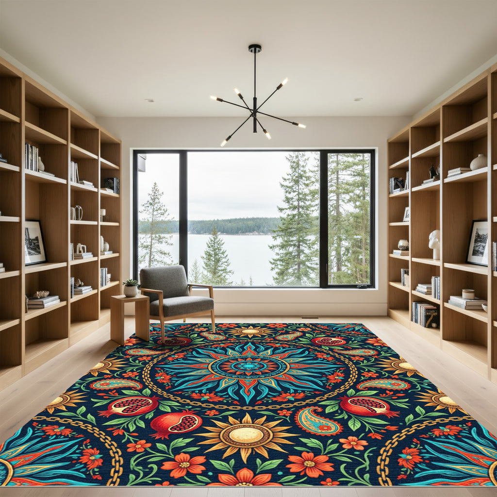 Vibrant Radiant Sun Pomegranate Floral Medallion Rug