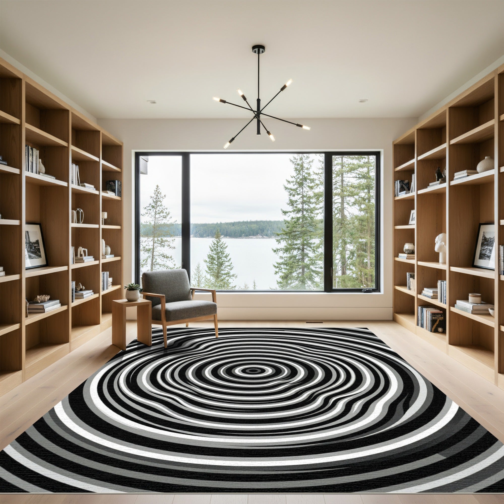 Monochrome Concentric Rippled Circle Abstract Rug
