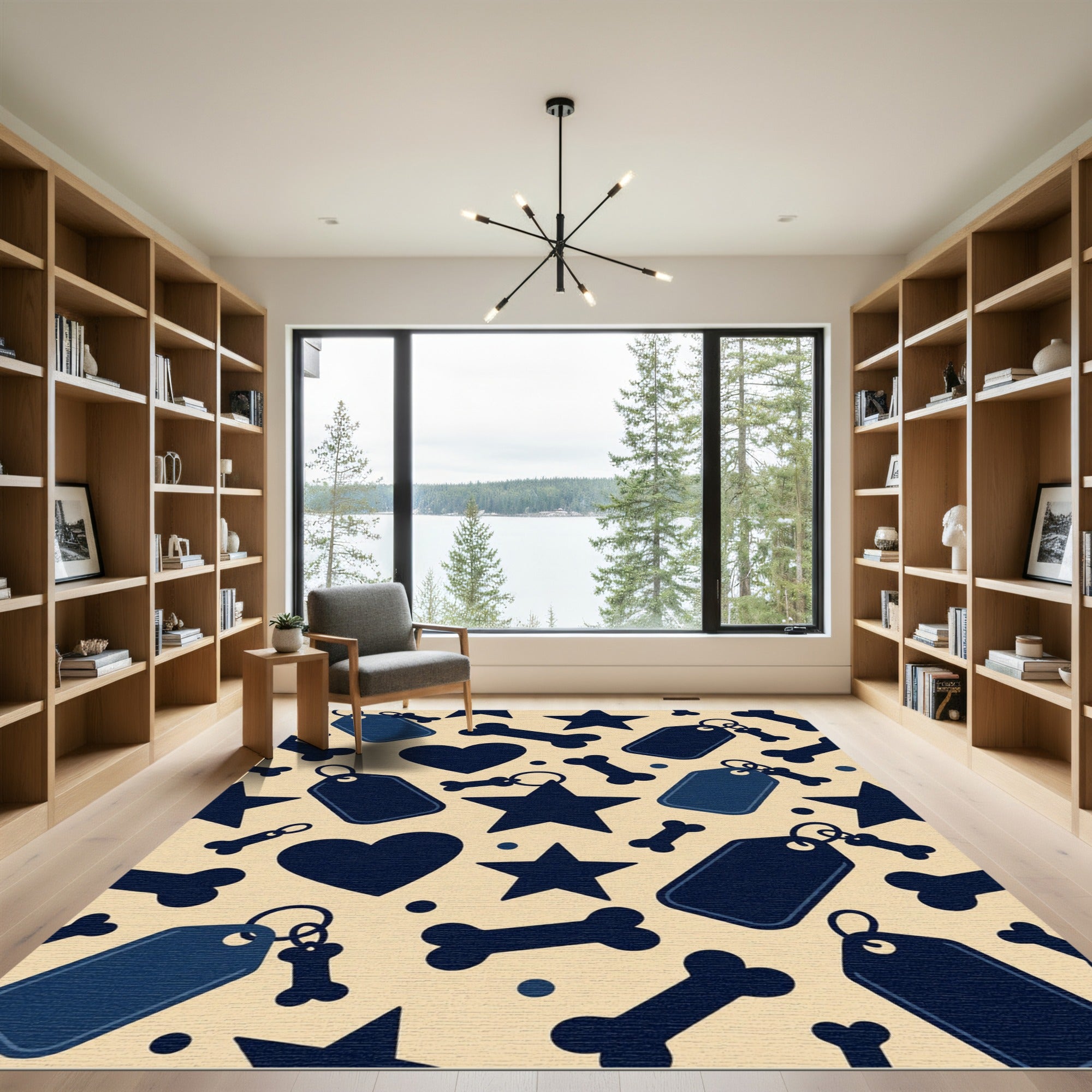 Navy Bone and Star Heart Cream Rug
