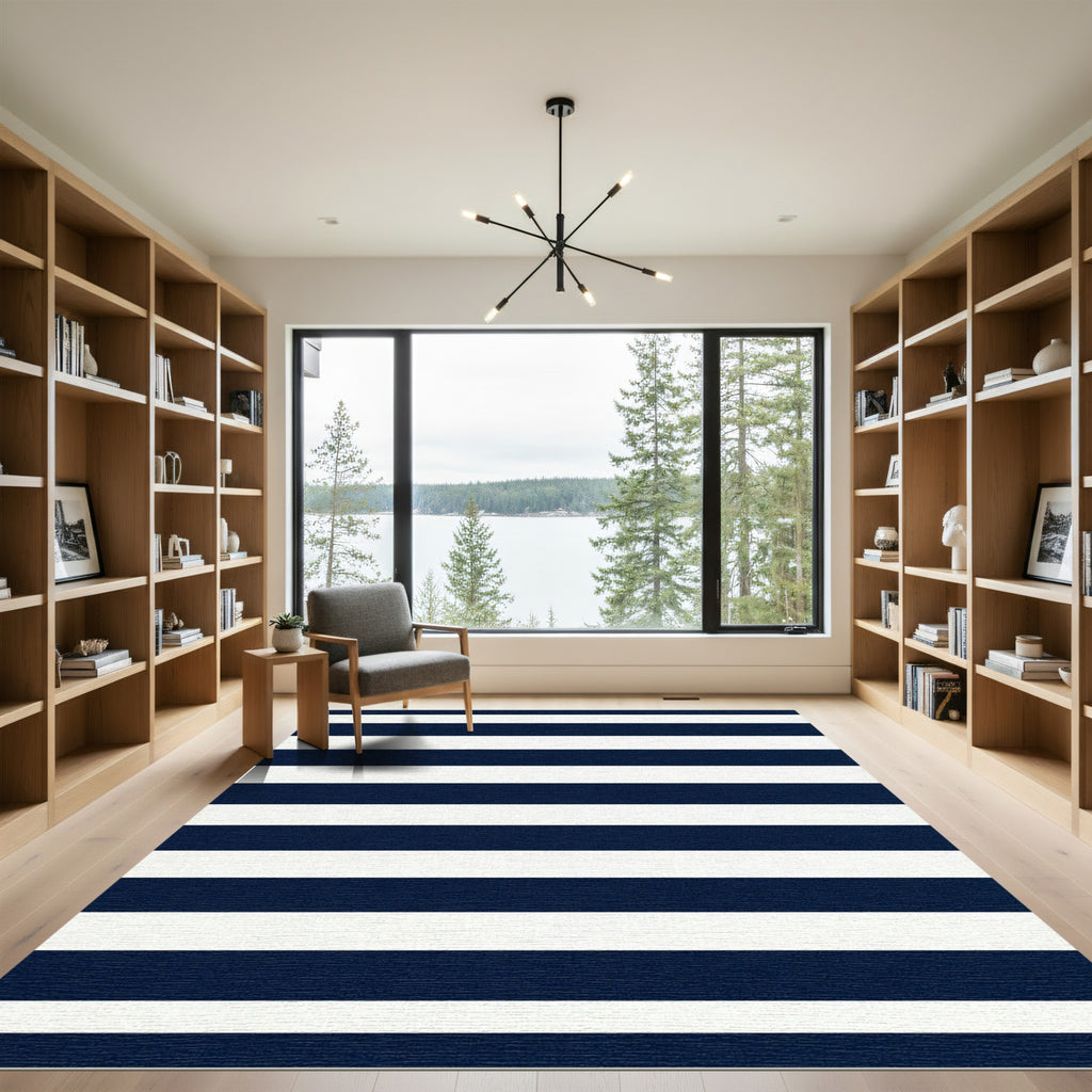 Deep Blue White Parallel Lines Rug
