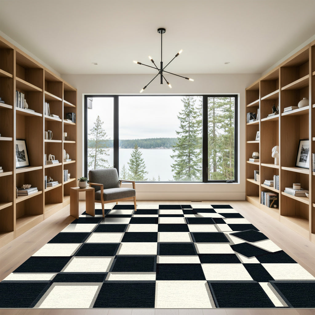 Monochrome Geometric Checkerboard 3D Illusion Rug