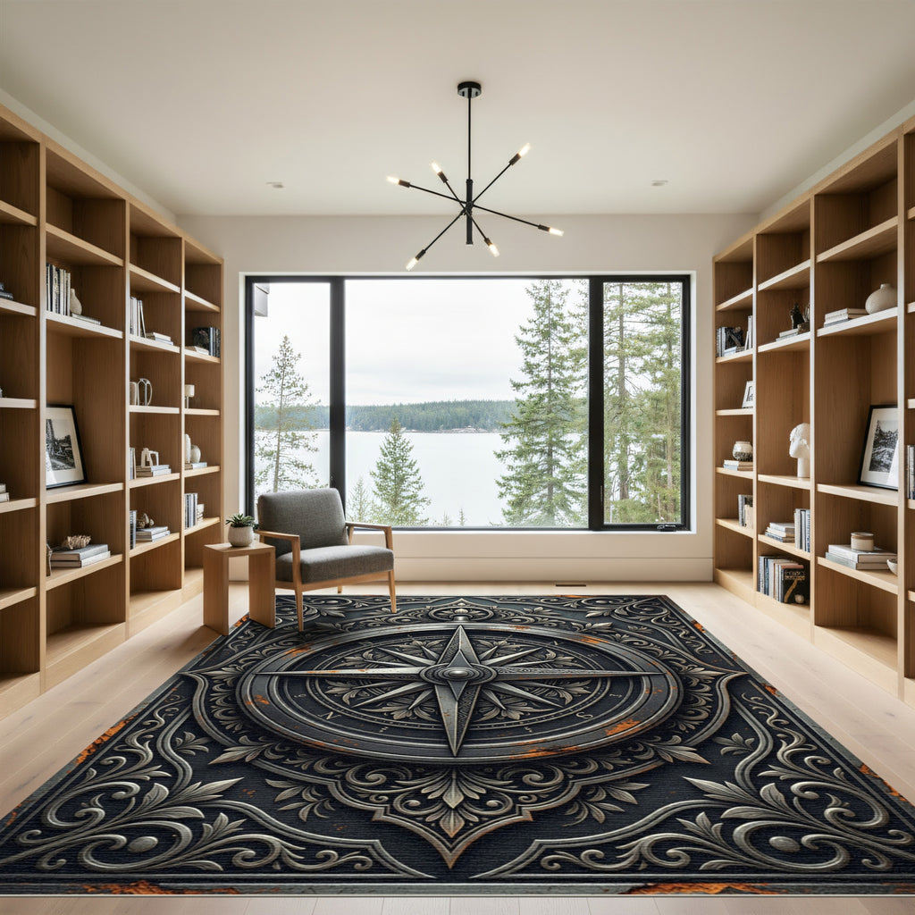 Metallic Silver Compass Antique Filigree Rug
