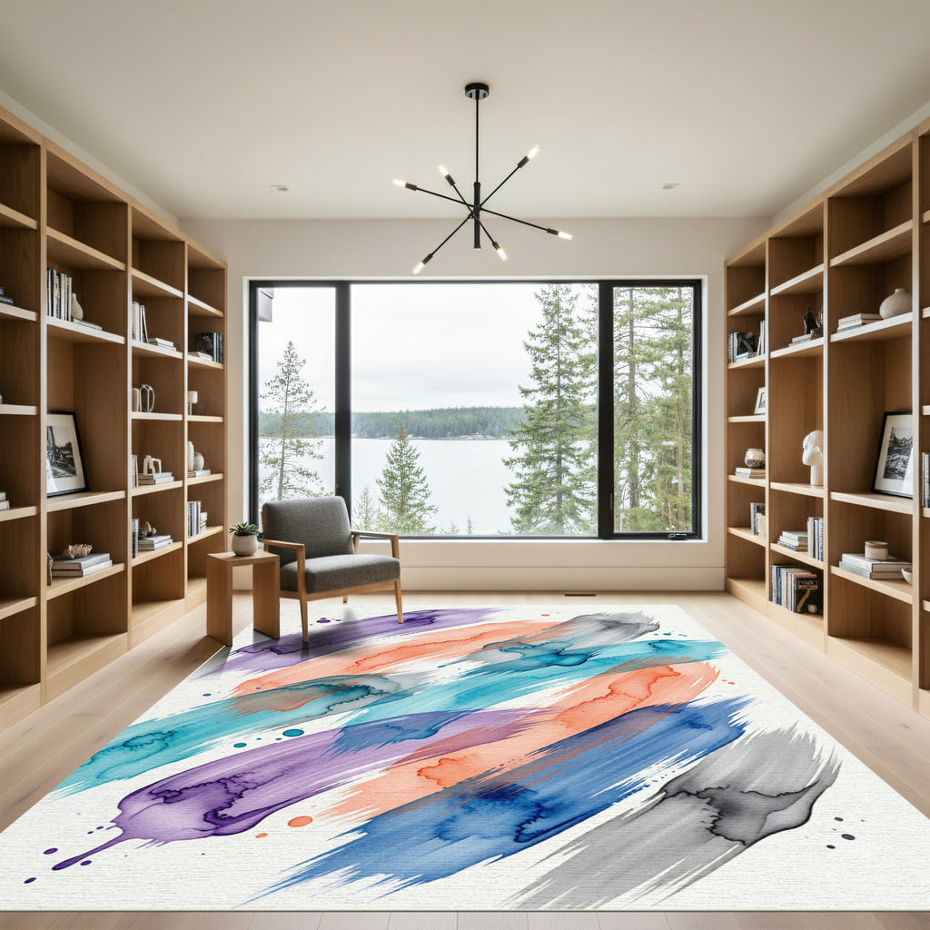 Watercolor Palette Abstract Blue Orange Brushstrokes Rug
