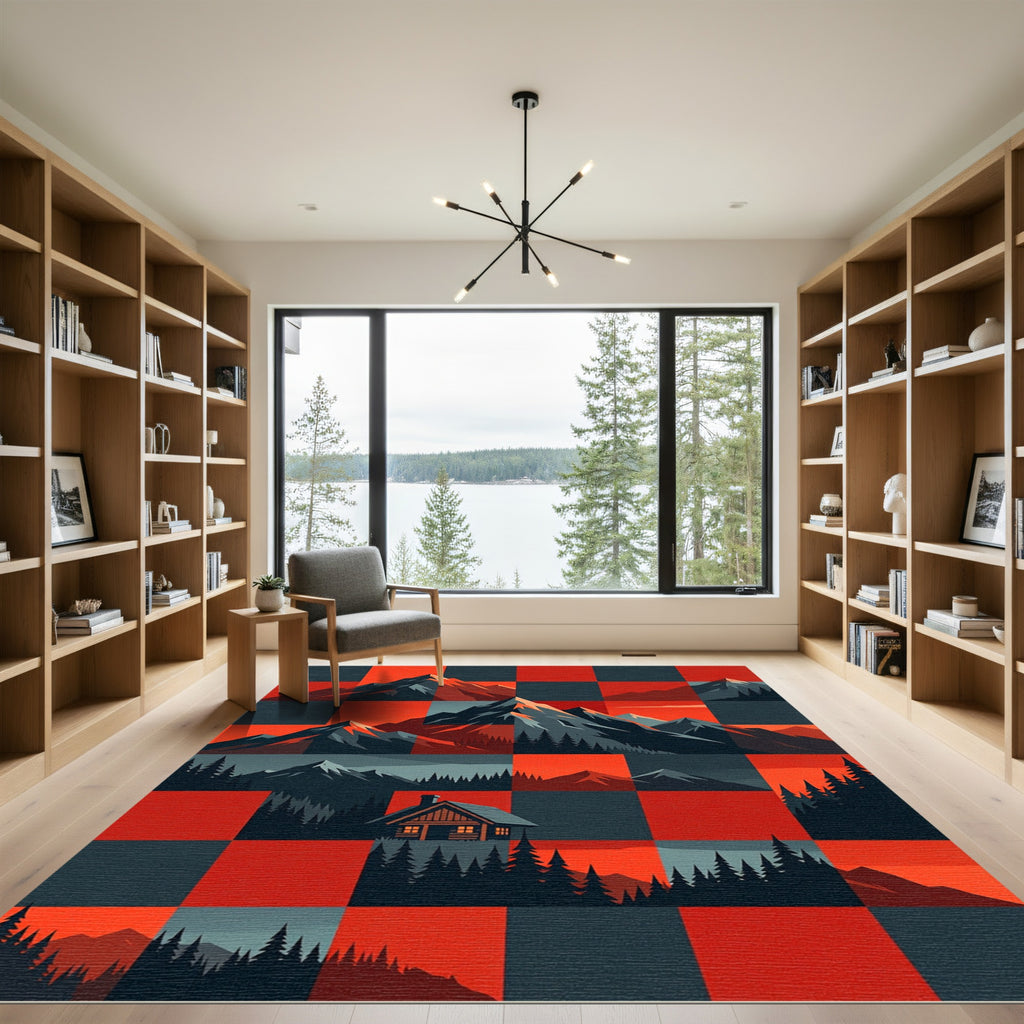 Rustic Red Black Mountain Cabin Landscape Rug