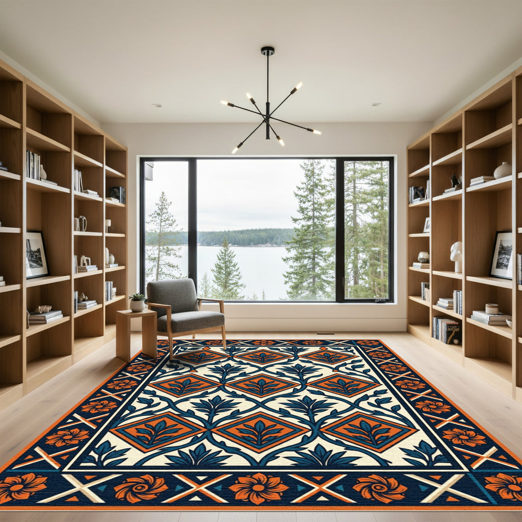 Orange Floral Navy Geometric Diamond Tile Rug