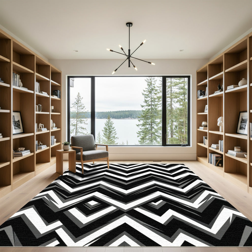 Bold Black White Zigzag Geometry Rug