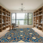 Geometric Navy and Gold Interlocking Square Rug