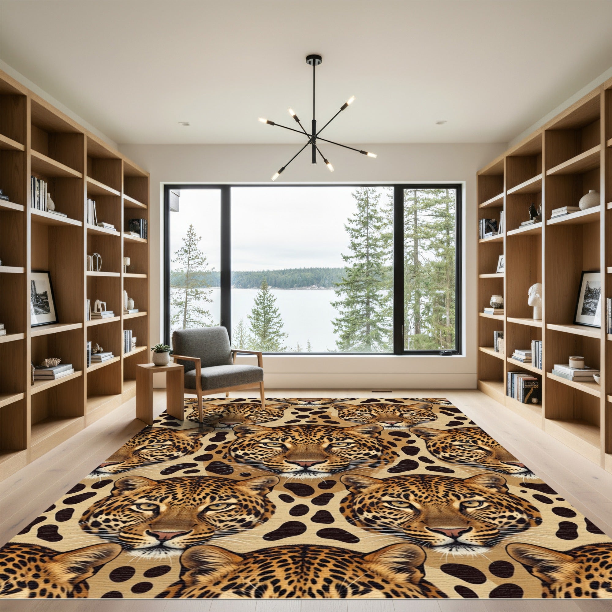 Fierce Leopard Heads Beige Spots Repeating Rug