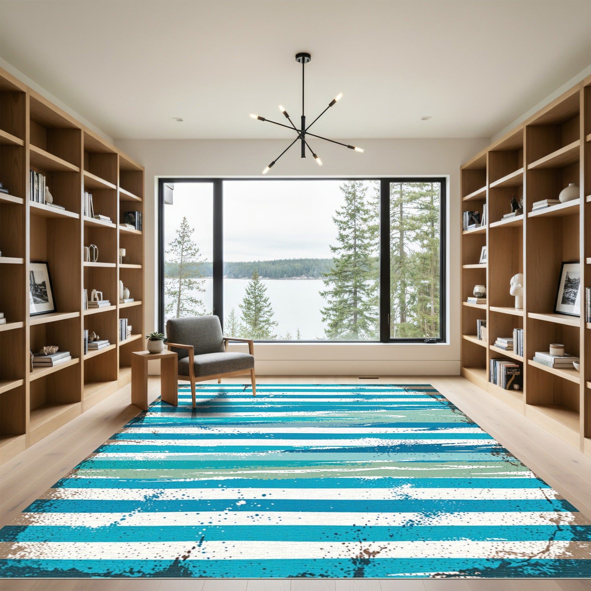 Distressed Teal and White Coastal Stripes Rug