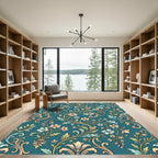 Elegant Teal Floral Scroll Damask Rug