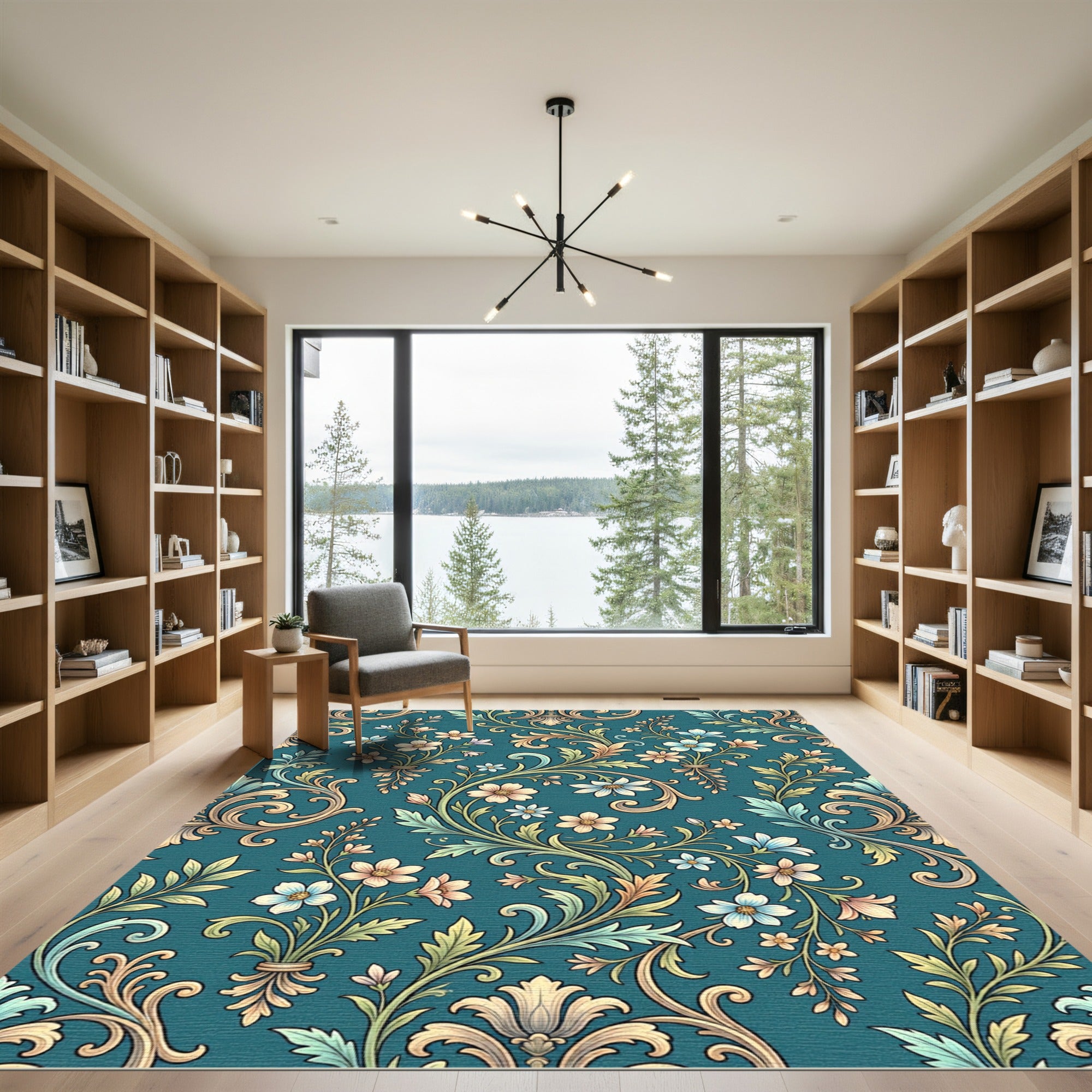 Elegant Teal Floral Scroll Damask Rug