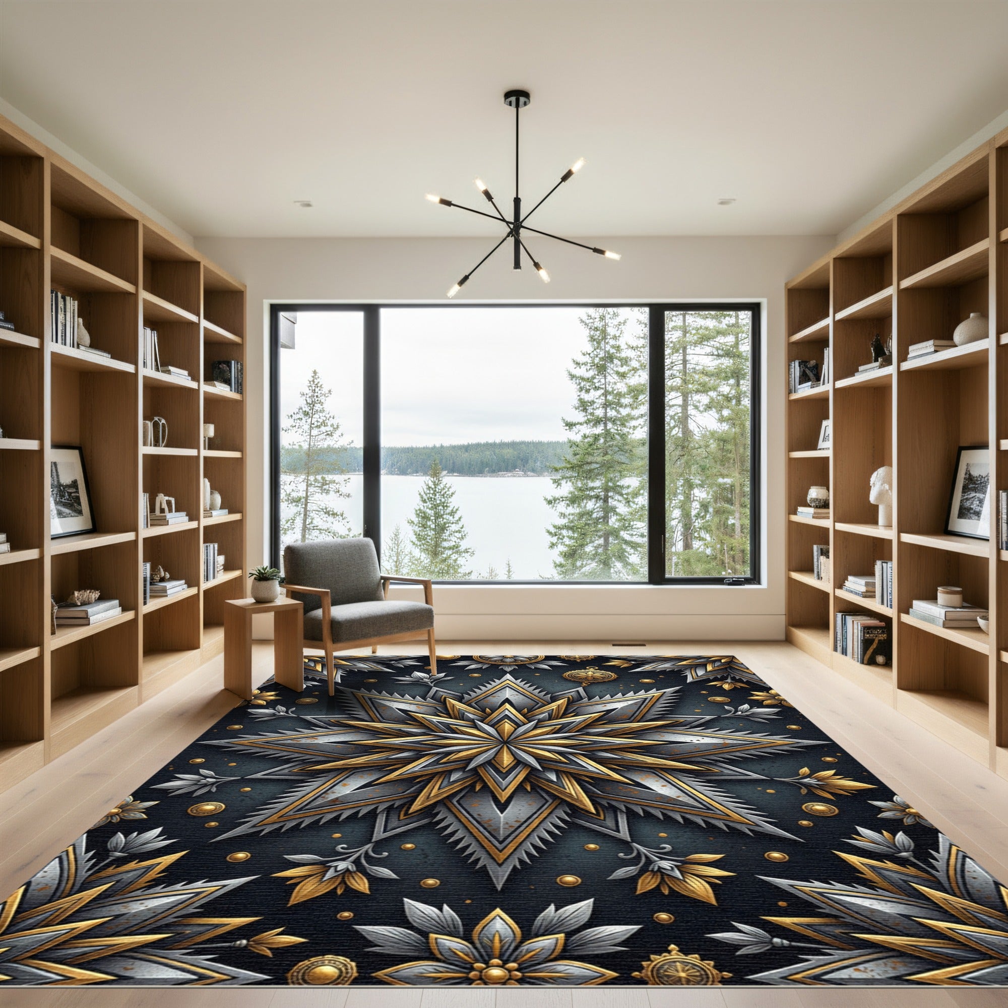 Metallic Gold and Silver Starburst Medallion Rug