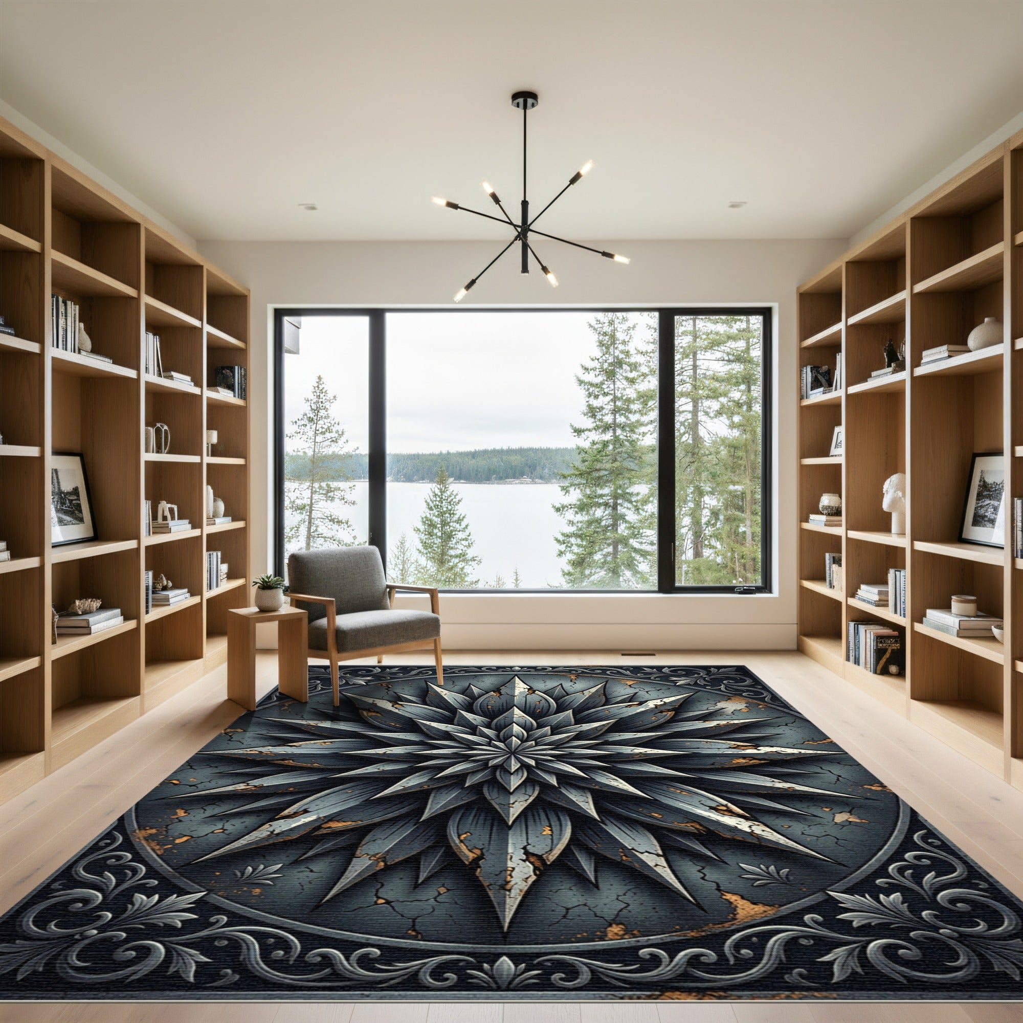 Distressed Gray Metallic Starburst Medallion Rug