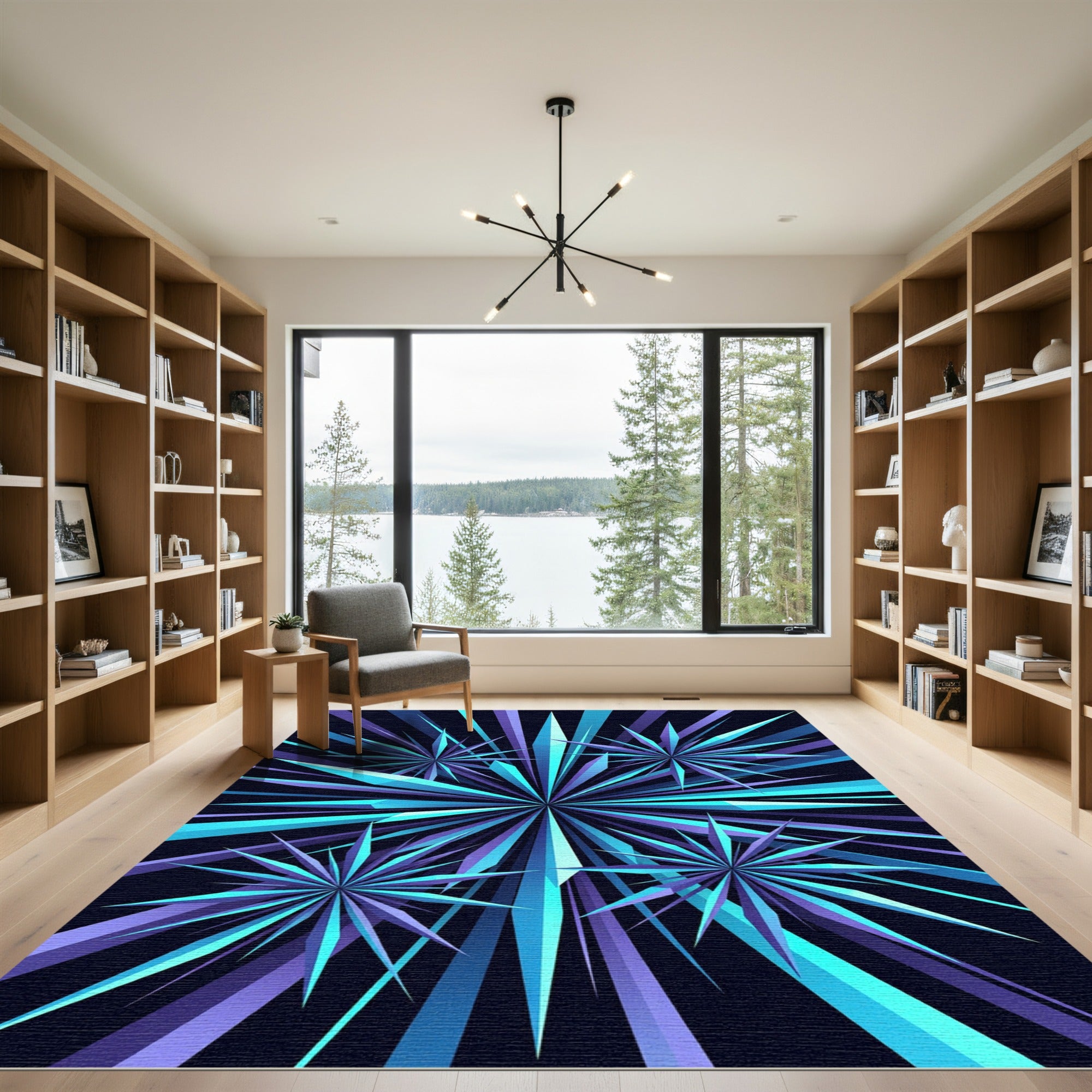 Radiant Blue Geometric Starburst Abstract Rug