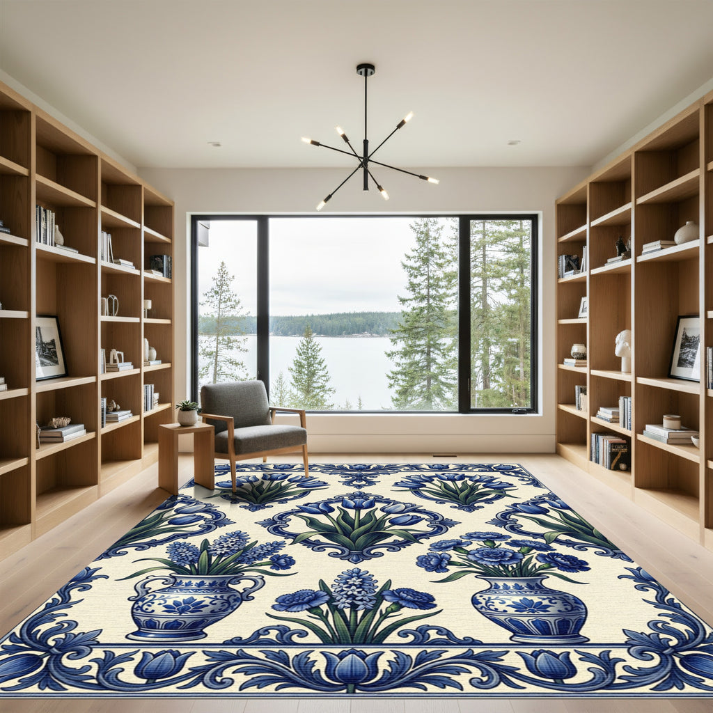 Blue Floral Delft Tulip Porcelain Arrangement Rug