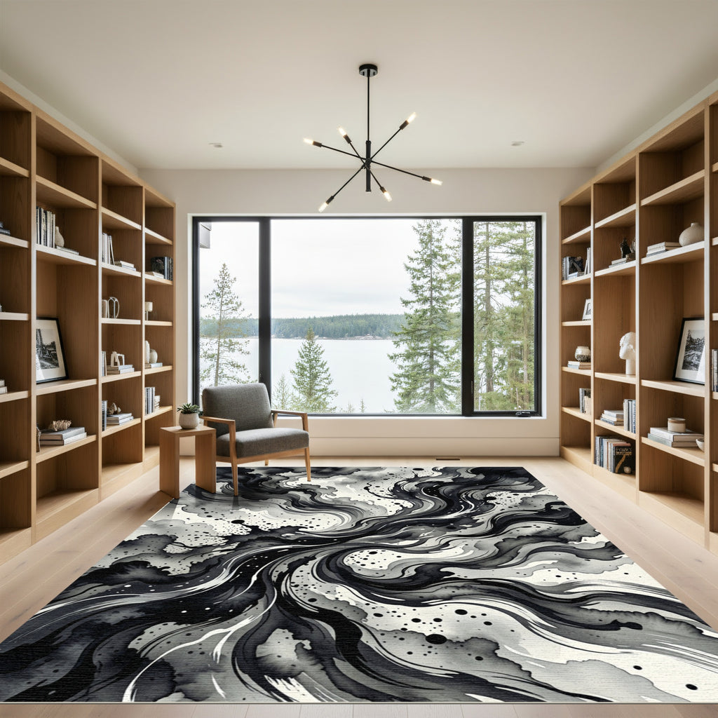 Monochromatic Ink Splash Abstract Swirl Rug