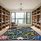 Lush Navy Botanical Grid Floral Art Rug