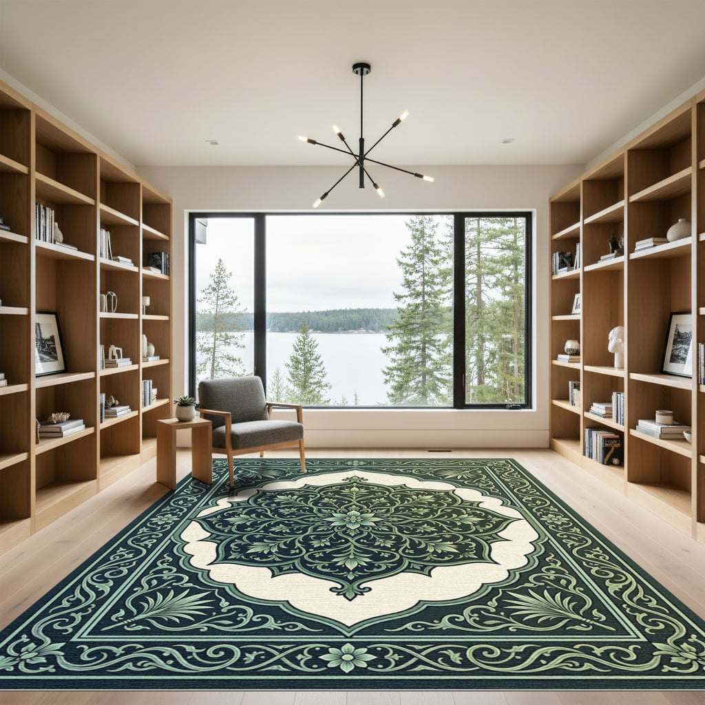 Deep Emerald Floral Mandala Border Rug