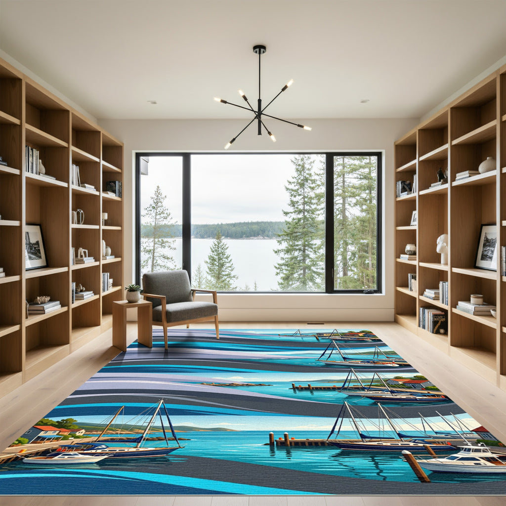 Serene Blue Nautical Harbor Wave Rug