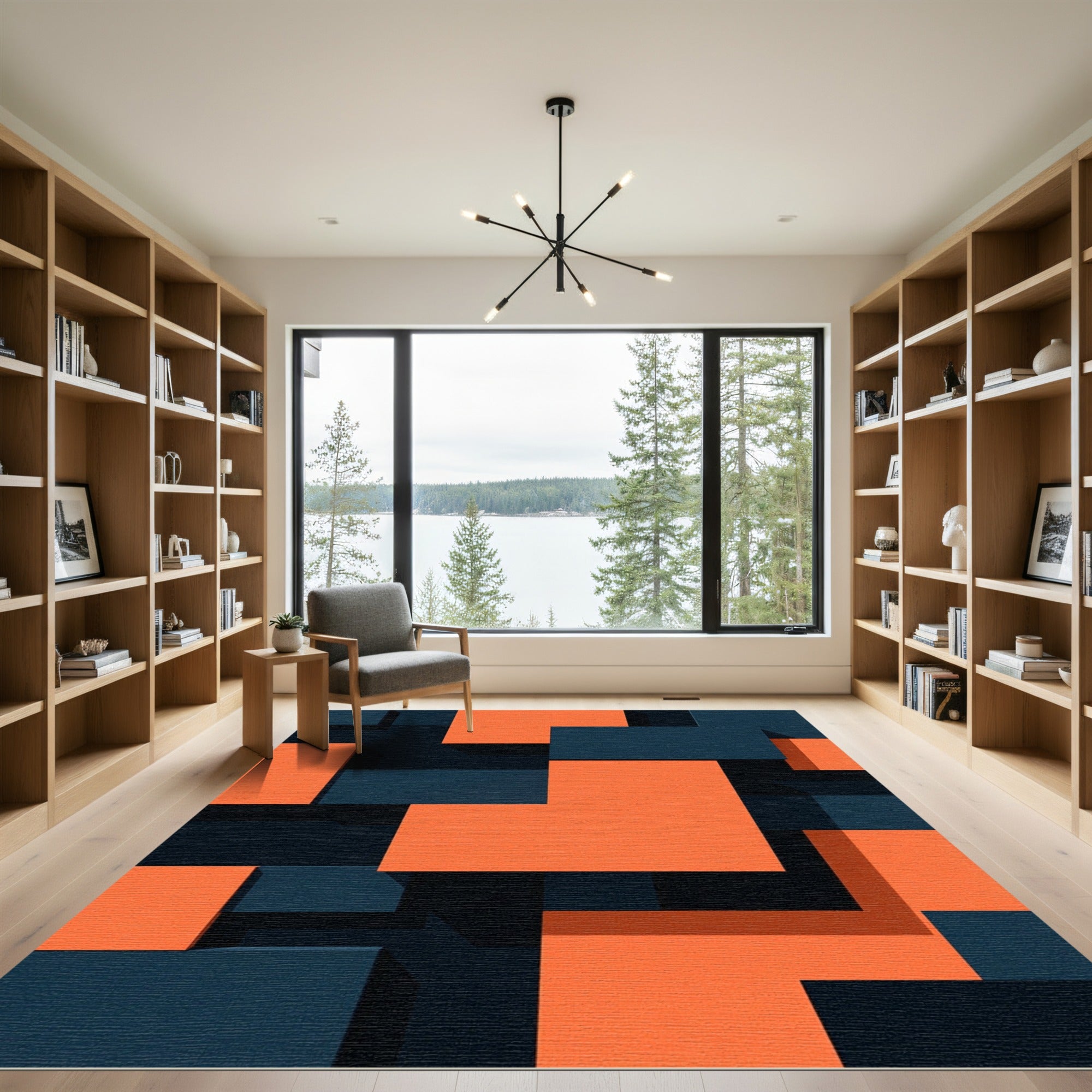 Modern Geometric Orange and Navy Blocks Rug