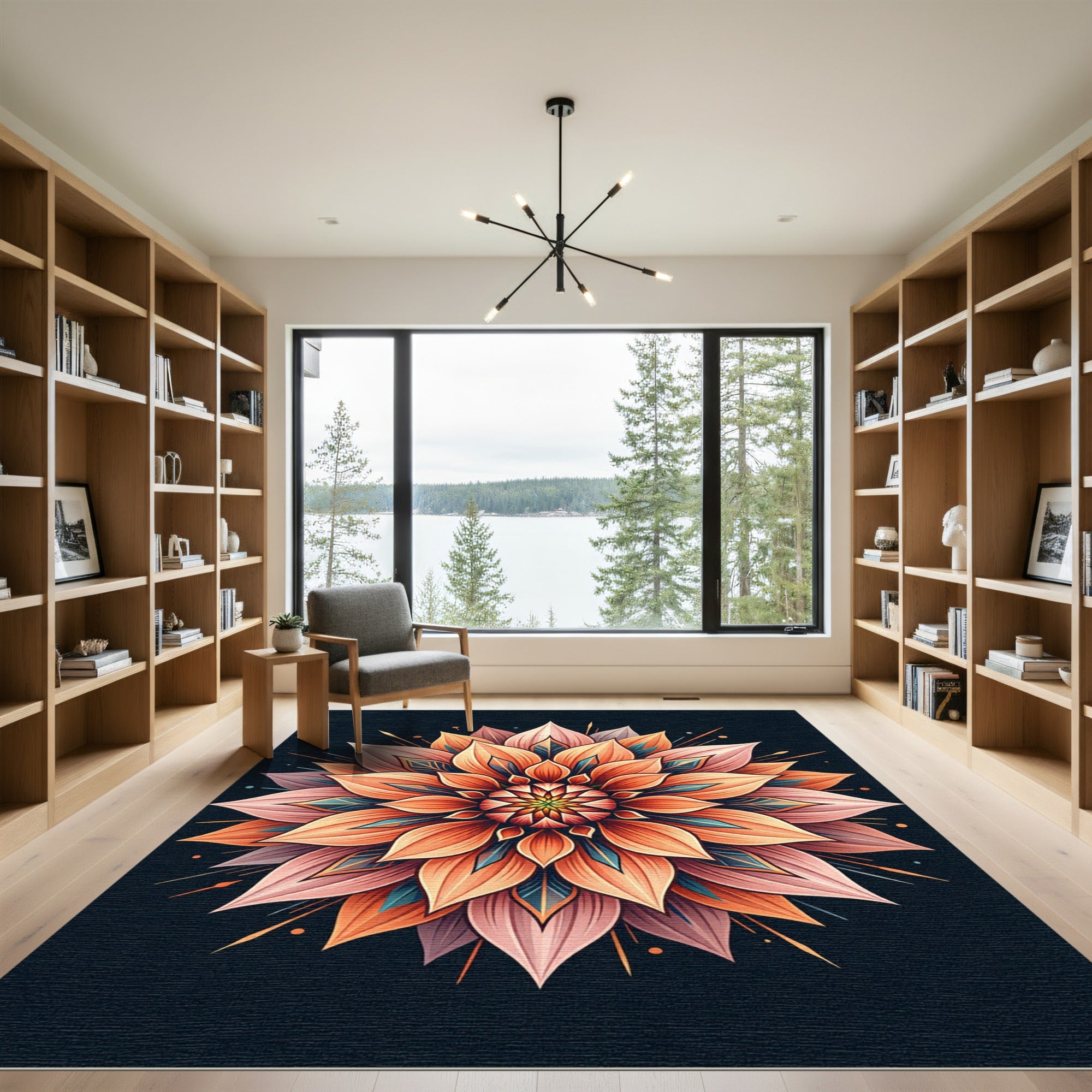 Vibrant Coral Lotus Mandala Radiance Rug