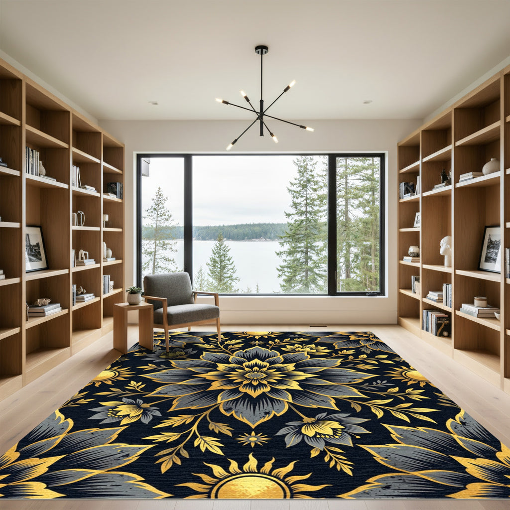 Golden Floral Medallion on Charcoal Rug