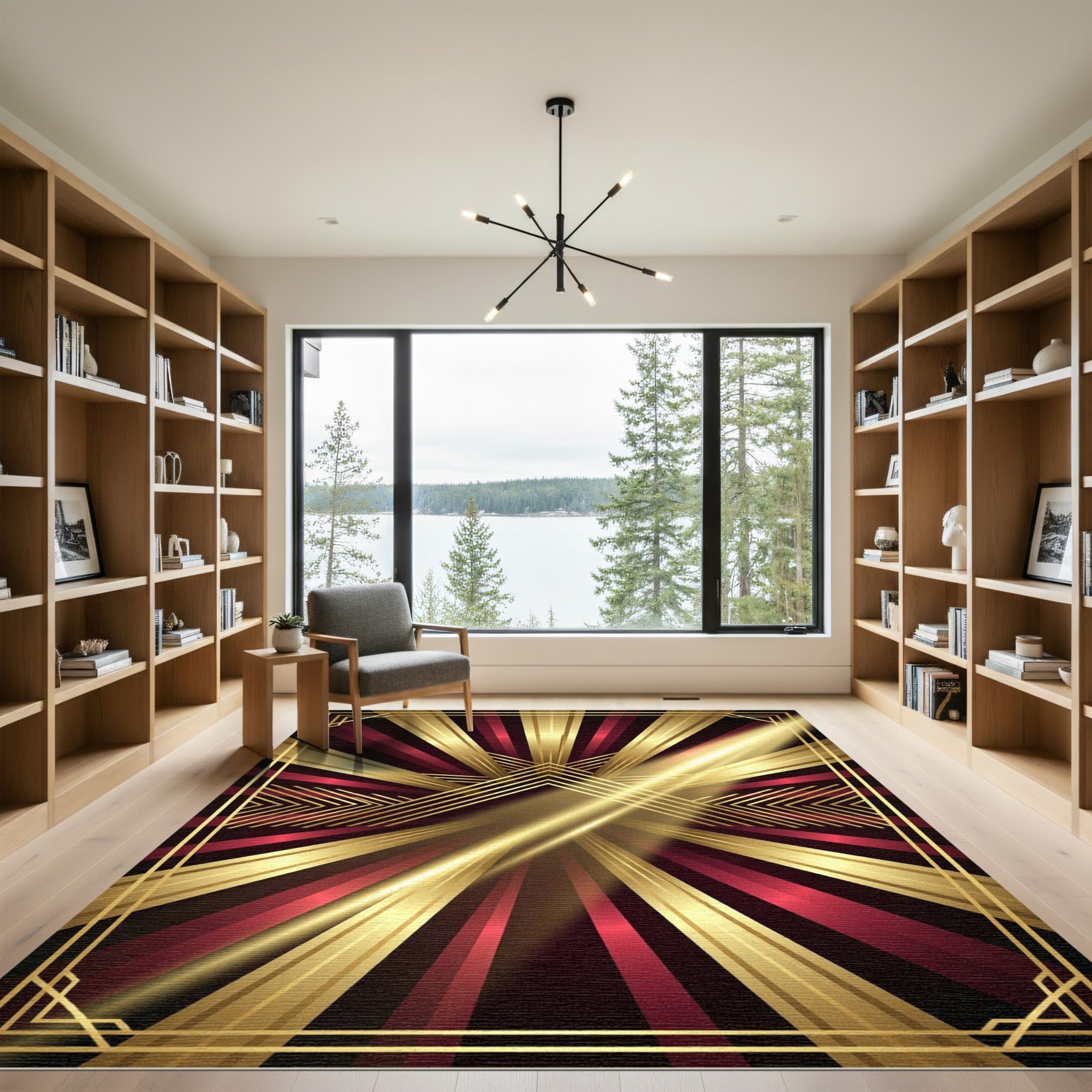 Art Deco Sunburst Red Gold Rays Rug