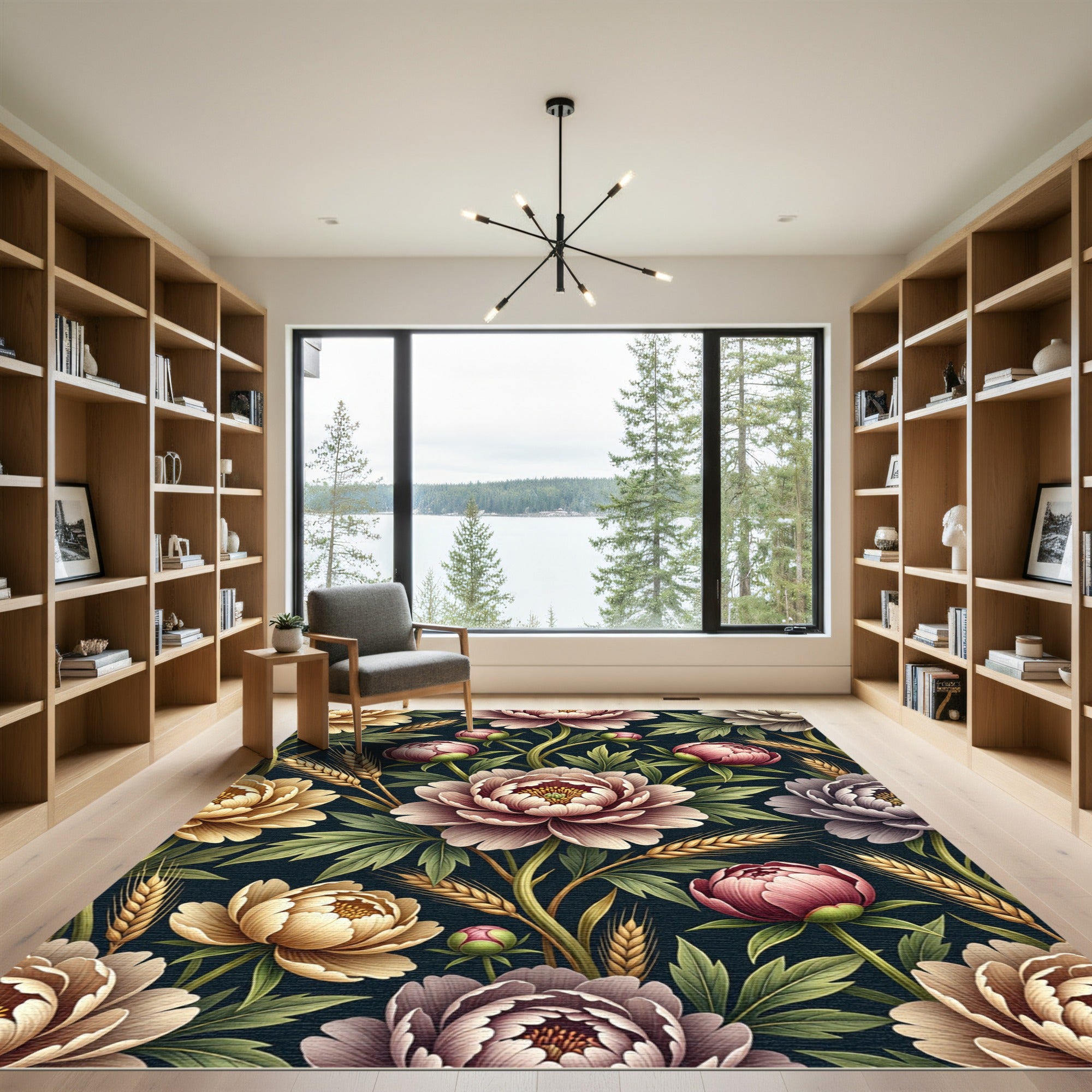 Peony and Golden Wheat Floral Arrangement Rug