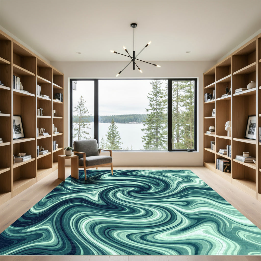 Modern Teal Abstract Liquid Swirl Rug