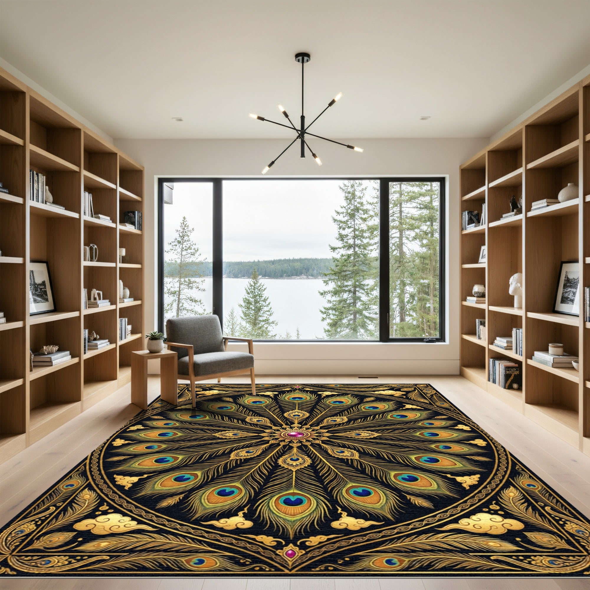 Golden Peacock Feather Mandala Medallion Rug
