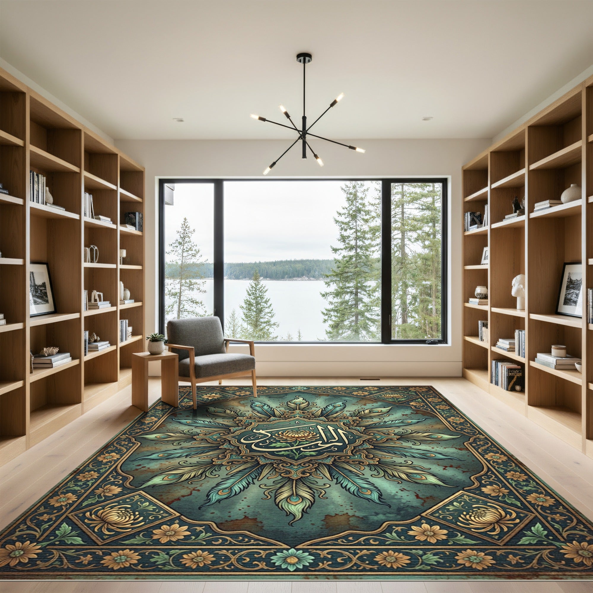 Arched Peacock Feather Gold Floral Medallion Rug
