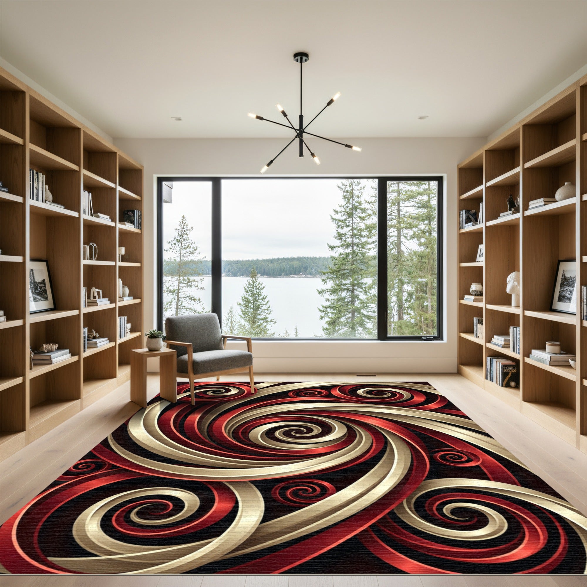 Crimson Gold Swirling Ribbons Rug
