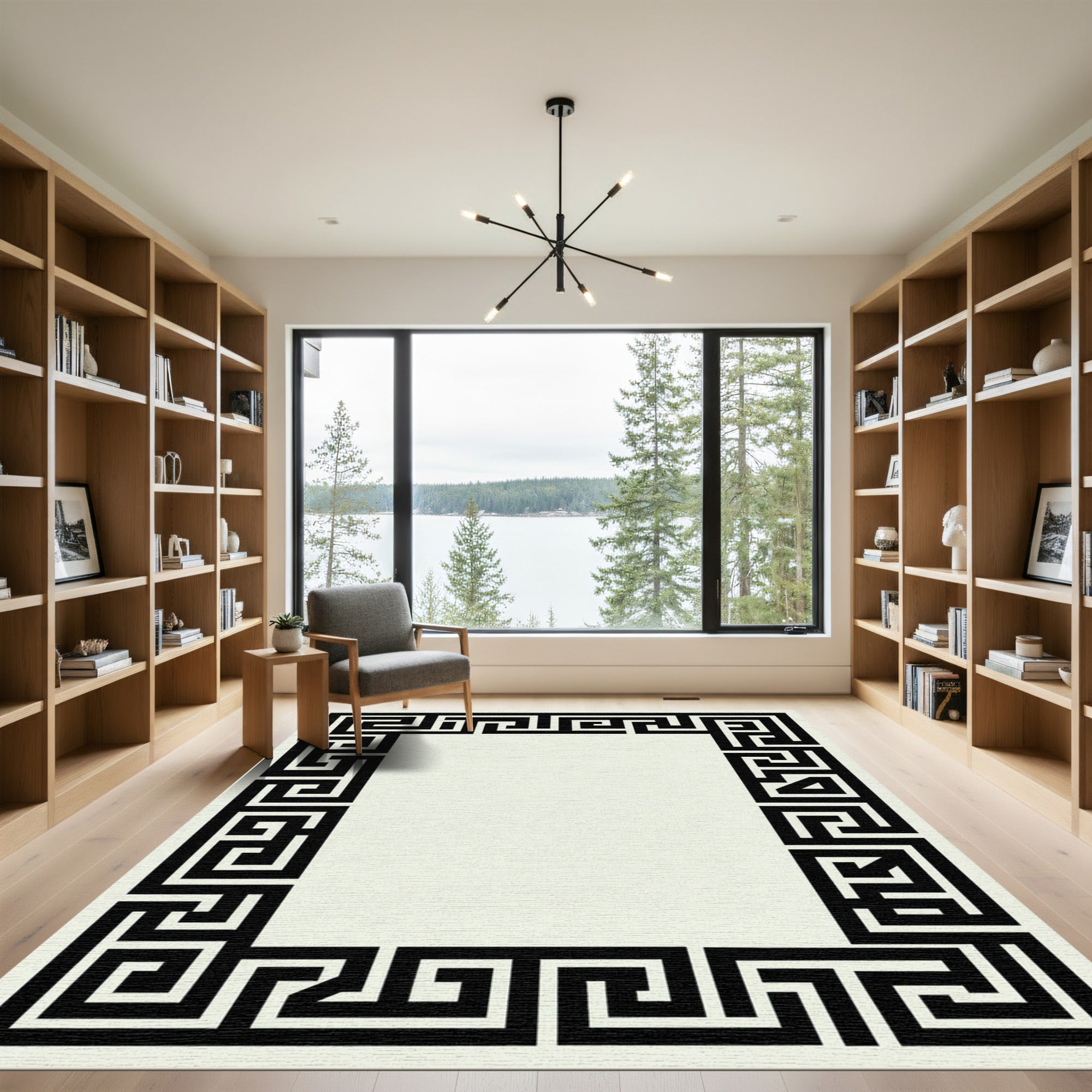 Black Geometric Maze Border Rug