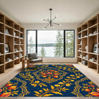 Navy Golden Pomegranate Tree Damask Rug