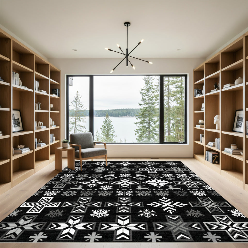 Monochromatic Snowflake Deer Cross Pattern Rug