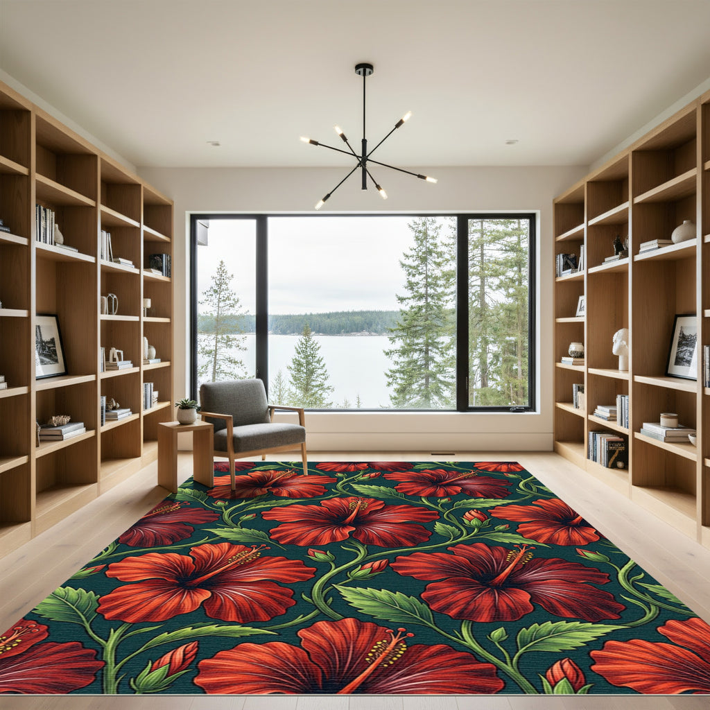 Vibrant Red Hibiscus Floral Garden Rug