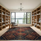 Ornate Crimson and Navy Hexagonal Filigree Rug