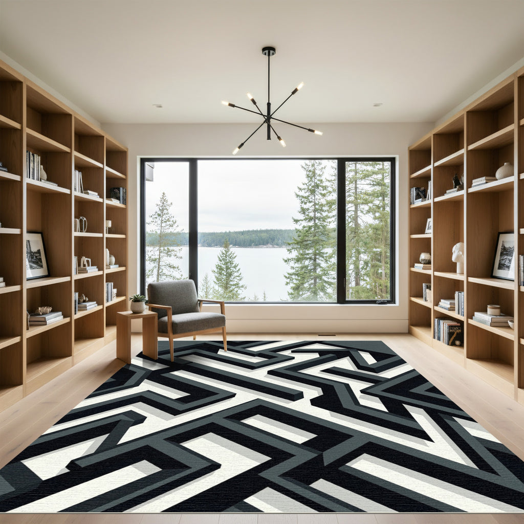 Monochrome Geometric Interlocking Labyrinth Art Rug