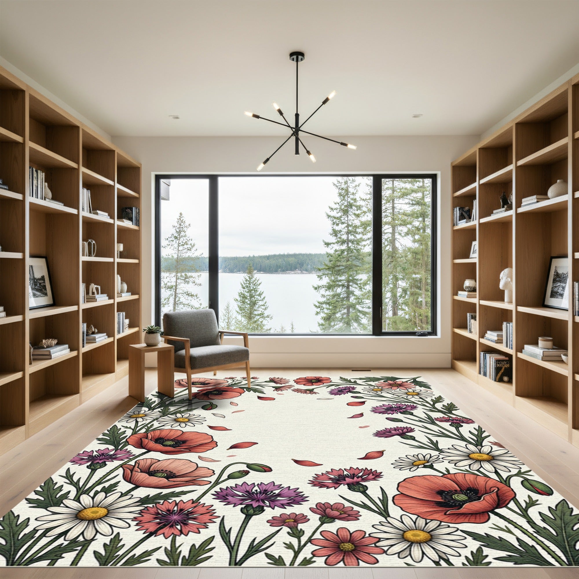 Coral Poppy Daisy Cornflower Garden Rug