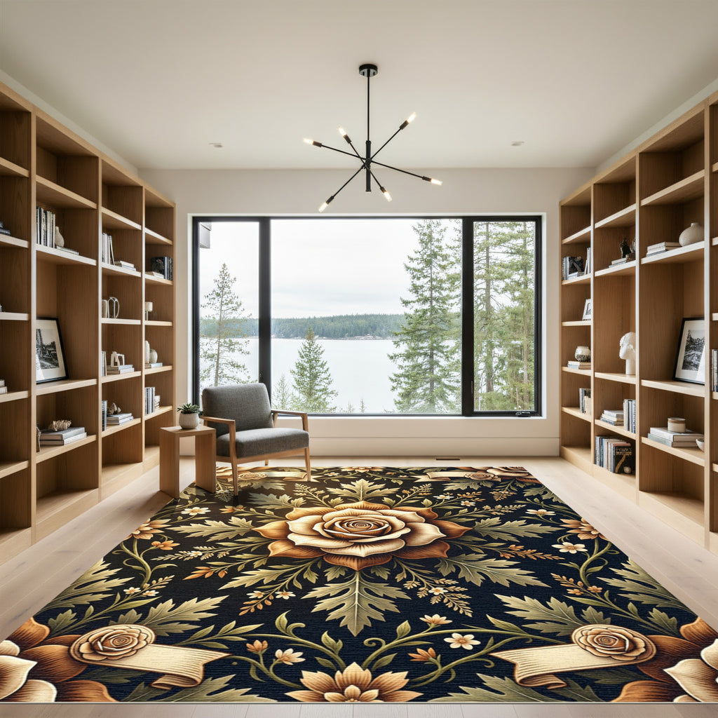 Vintage Golden Rose Botanical Scroll Rug
