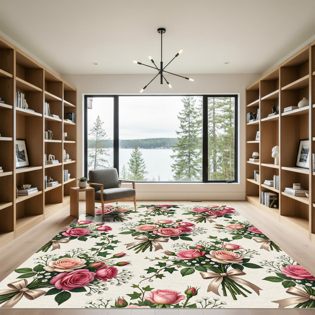 Romantic Pink Rose Garden Bouquet Rug