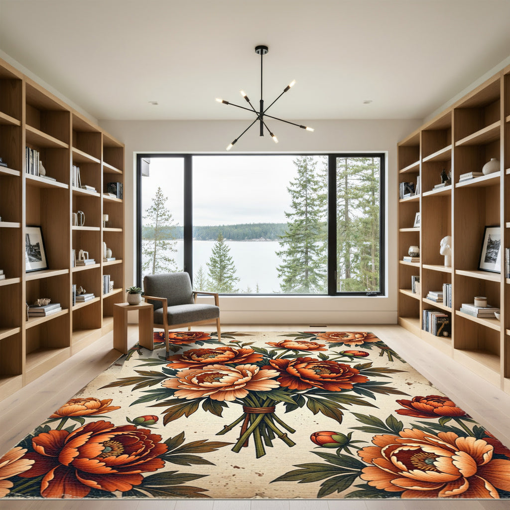 Vintage Autumn Peony Floral Bouquet Rug