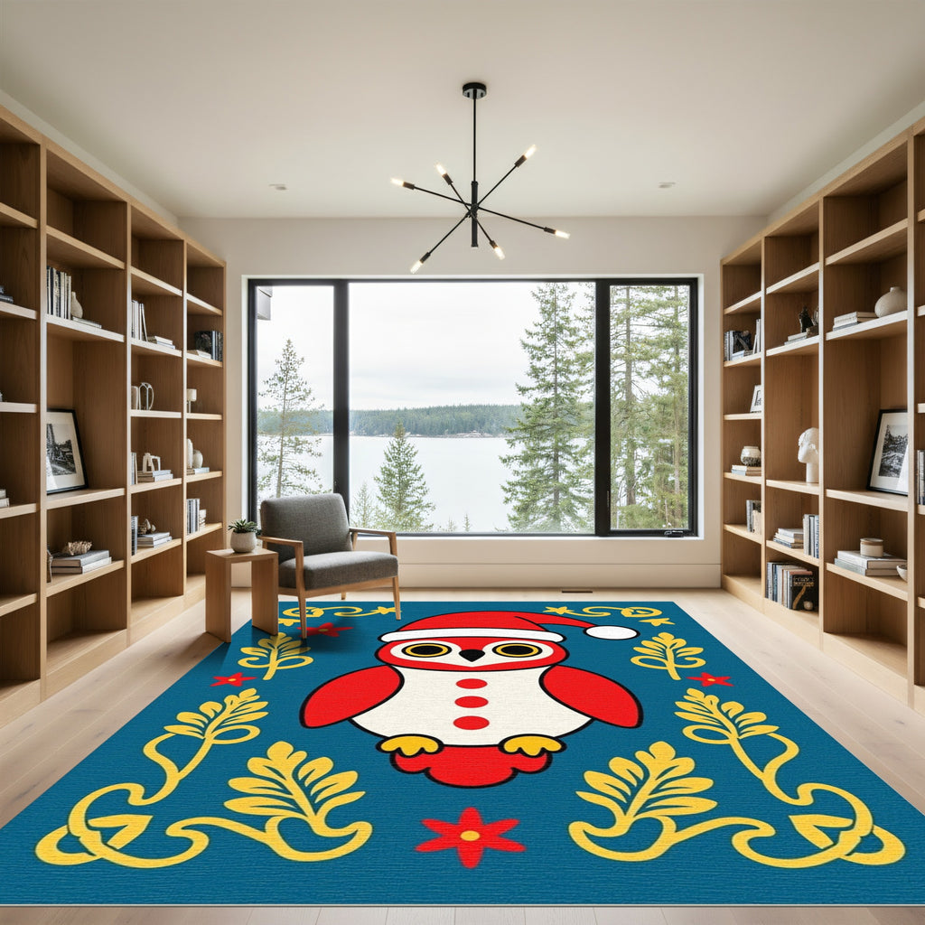 Whimsical Red Owl Christmas Folk Art Rug